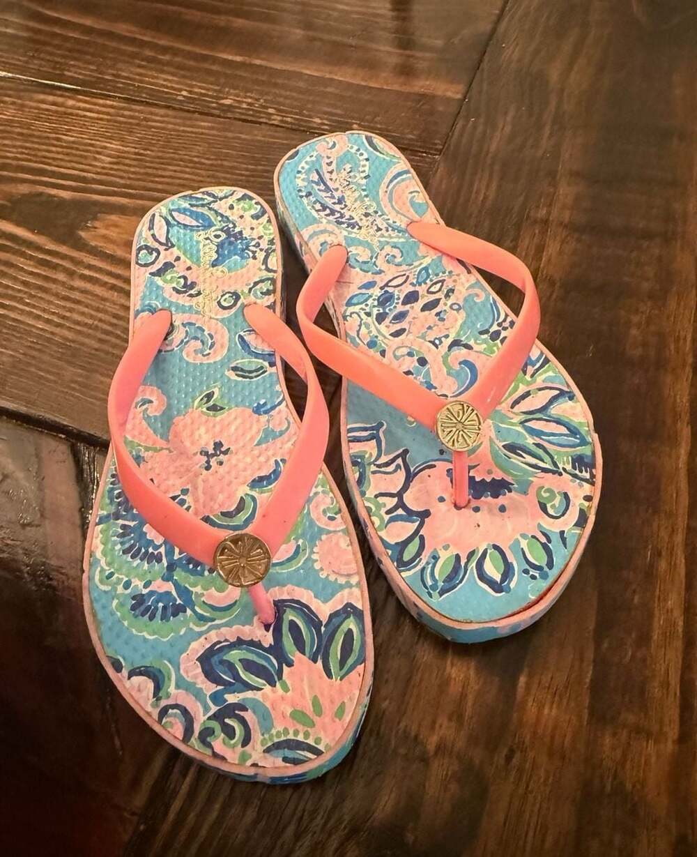 Lilly Pulitzer Flip Flop Sandals Pink Blue Floral Print
